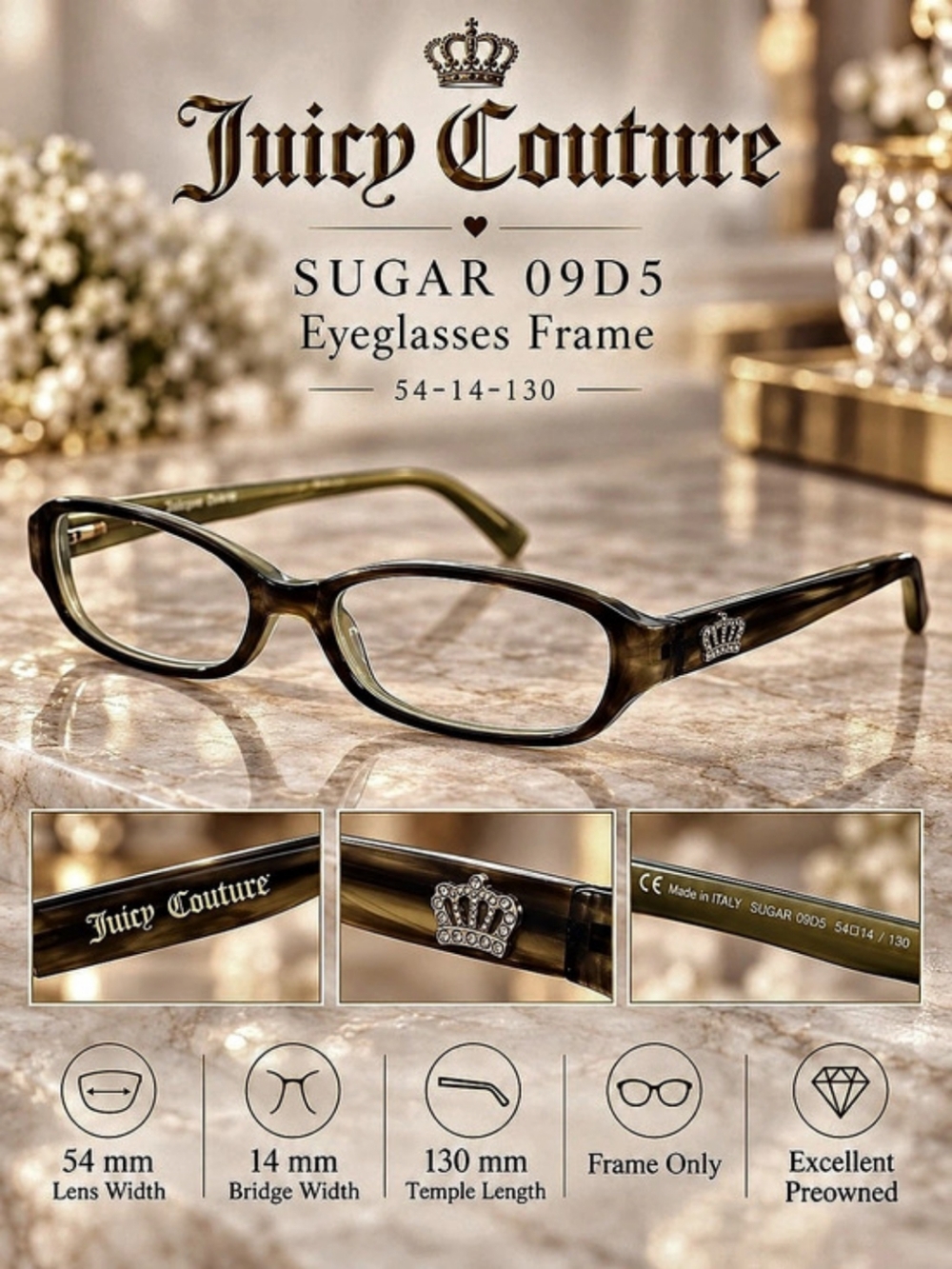 Juicy Couture Sugar 09D5 Olive Brown Eyeglass Frames 54-14-130 Crown Y2K